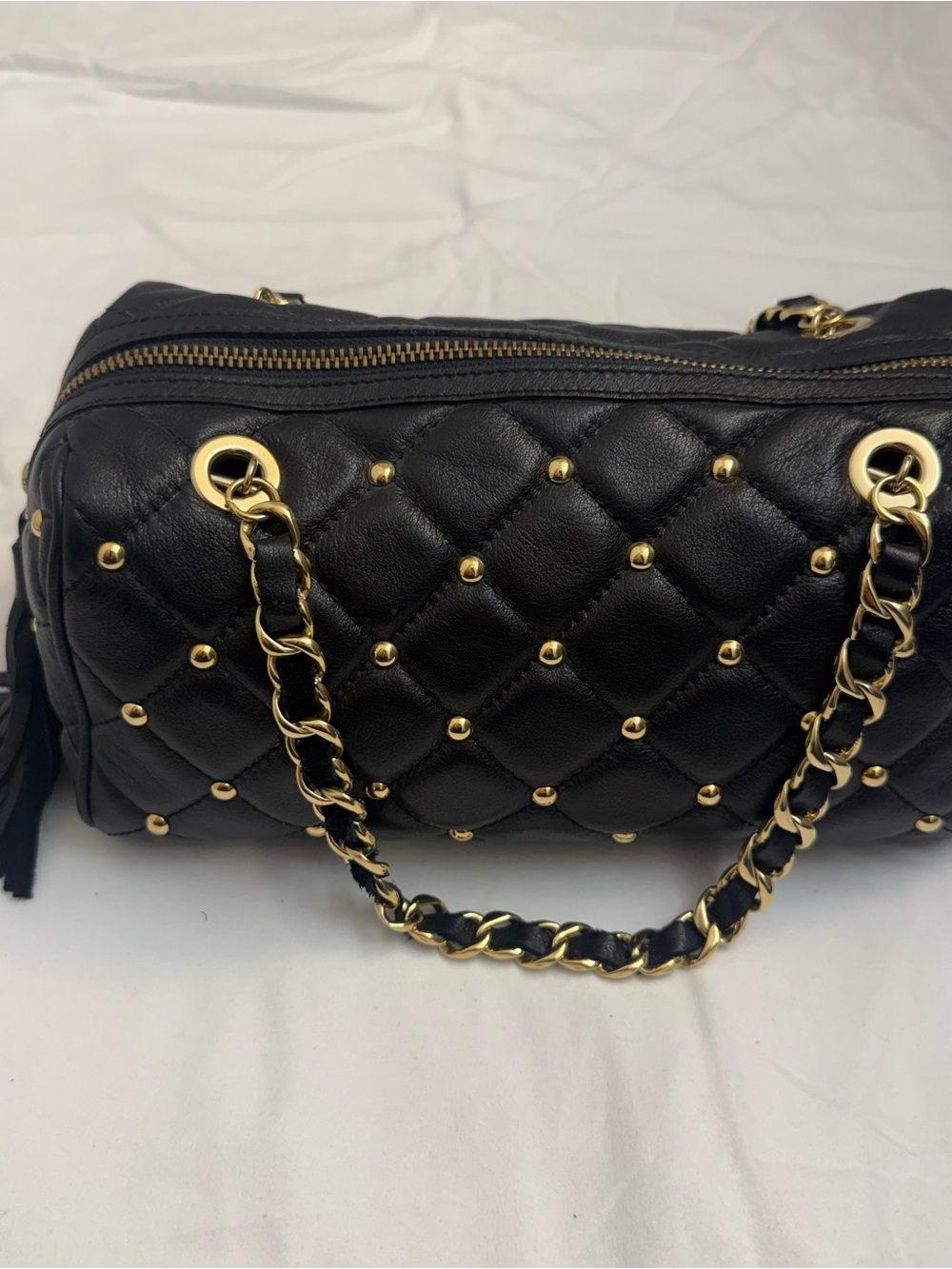 Claudia Firenze Black Quilted Studded Satchel with Gold Chain Strap and Tassel